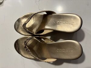 Jimmy Choo Gold Toe Snake Skin Wedge Flip Flop Sandal